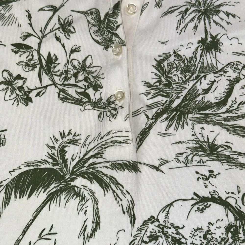 Lands End Womens Green White Tropical Toile Polo Shirt M 10-12 Palm Bird Cotton